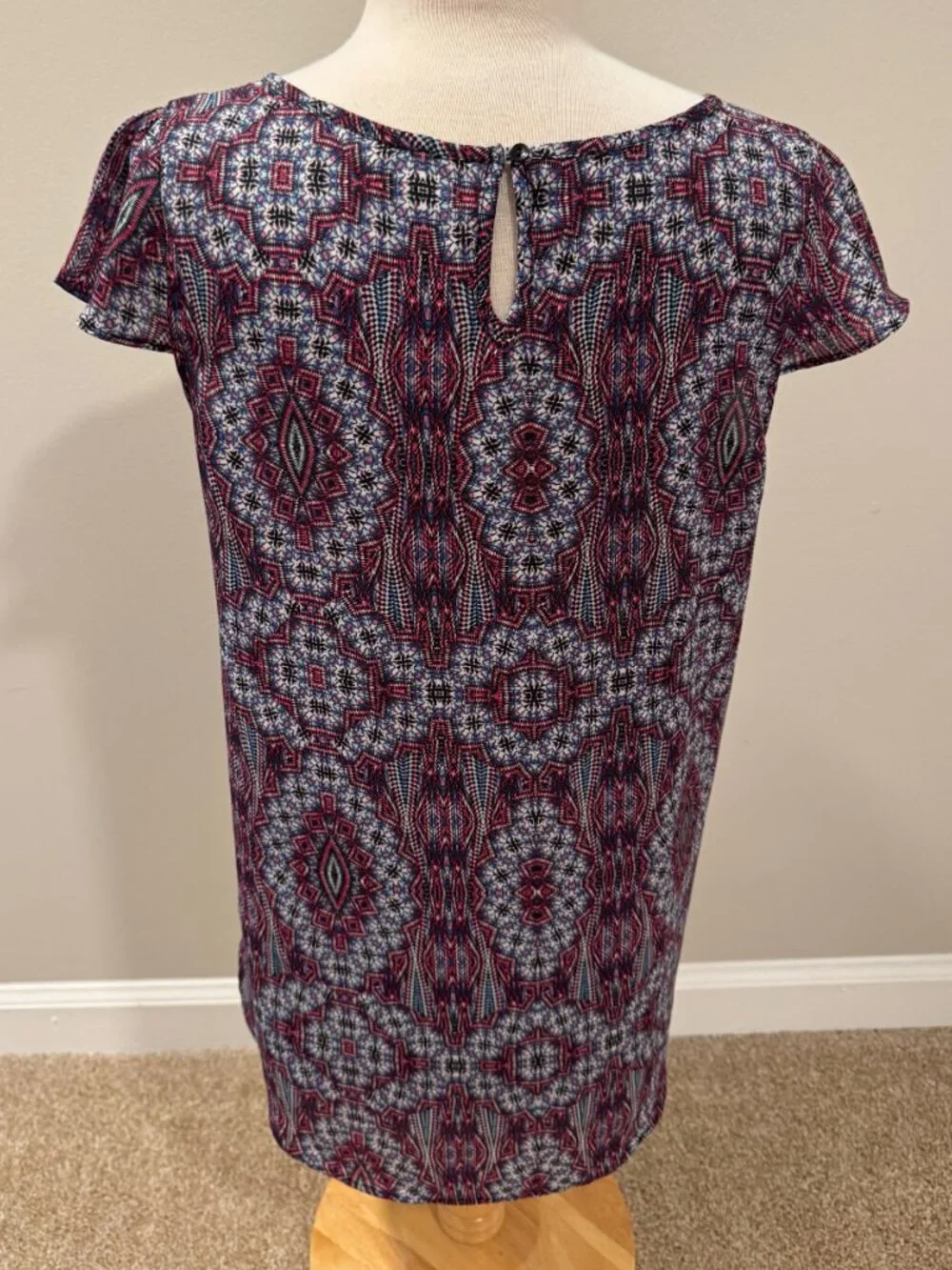 Womens Medium Pink Rose Cap Sleeve Boho Blouse Scoop Neck Multicolor Geometric